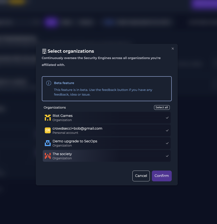 Select multiple organizations modal