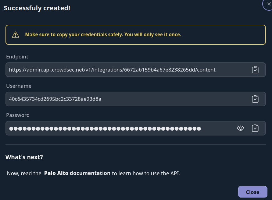 Palo Alto Integration Credentials Screen