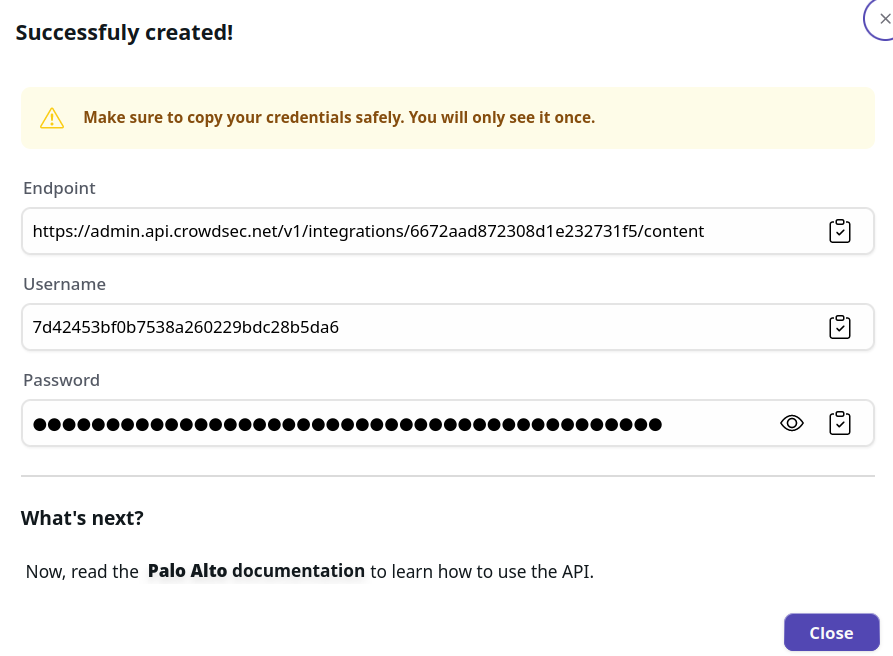 Palo Alto Integration Credentials Screen